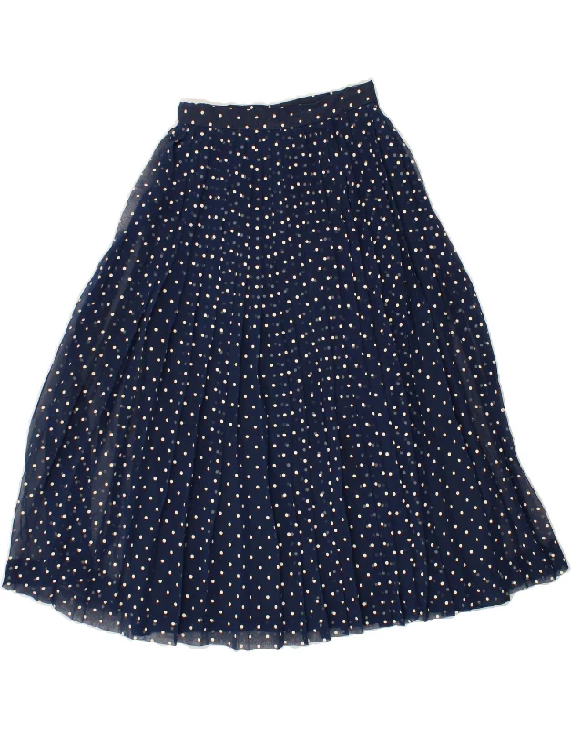 VINTAGE Womens Pleated A-Line Skirt W25 XS Navy Blue Polka Dot