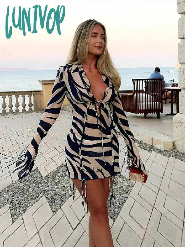 Lunivop 2024 Print Long Sleeve Mini Summer Beach Dress Ruffles Mesh Sexy Party Dresses Bodycon Bandage See Through 90s Club Sexy Dress