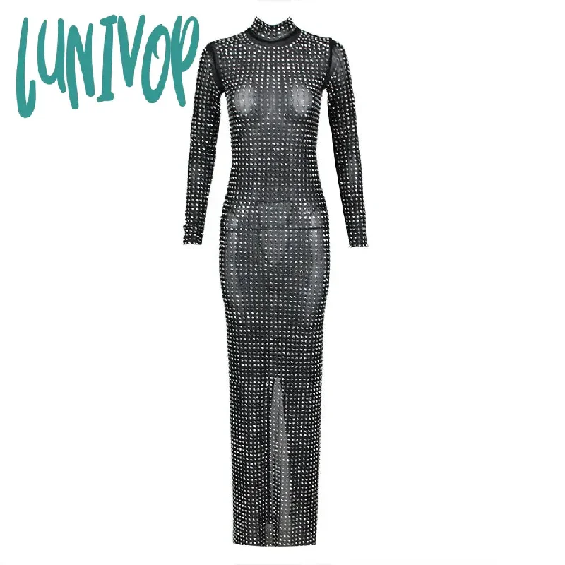 Lunivop Women Celebrity Luxury Sexy Long Sleeve Rhinestone Diamonds Black Maxi Long Gowns Dress 2024 Elegant Evening Party Dress Vestido